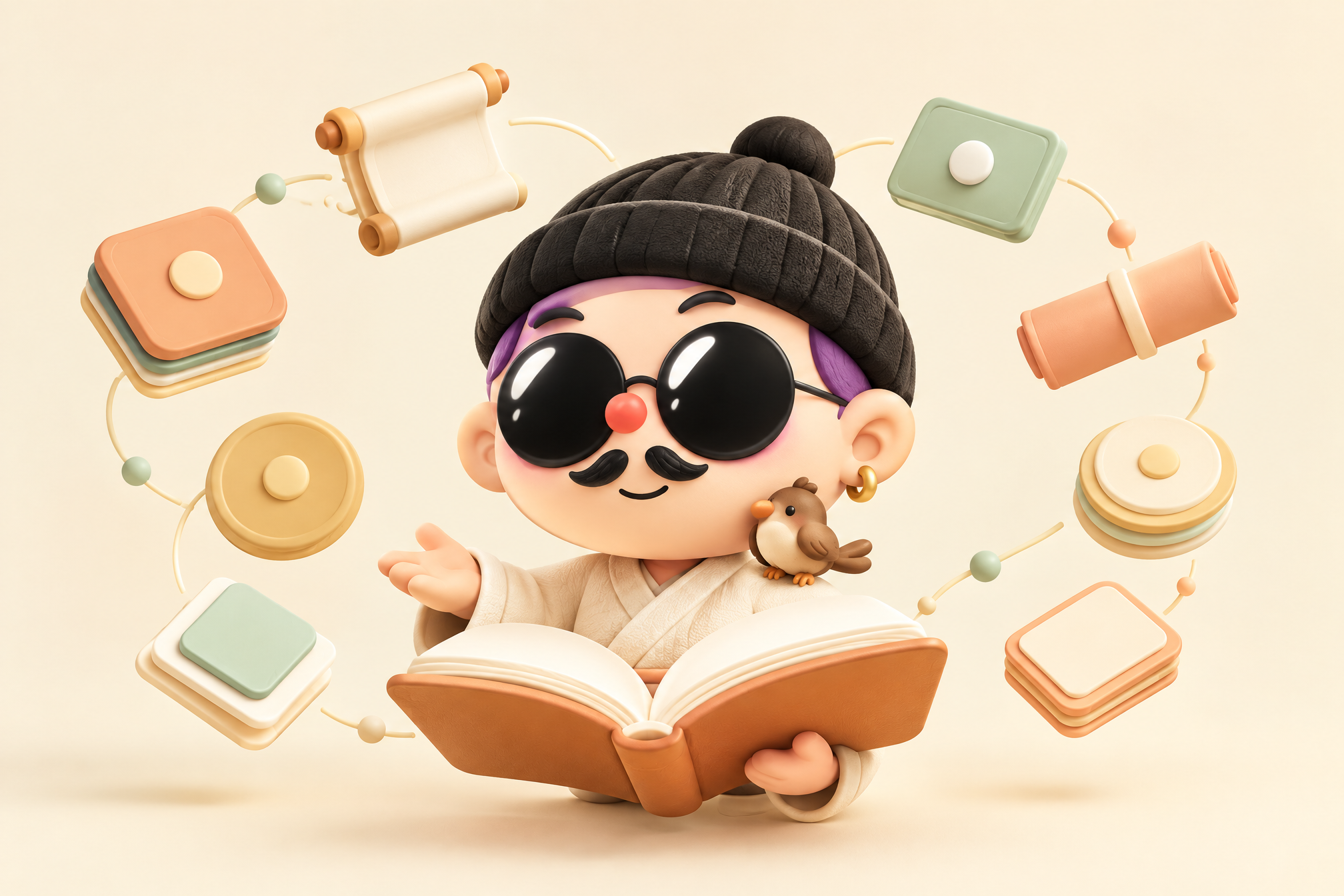 The Guanxiang character reads an open book, with scrolls and study plates circling around.