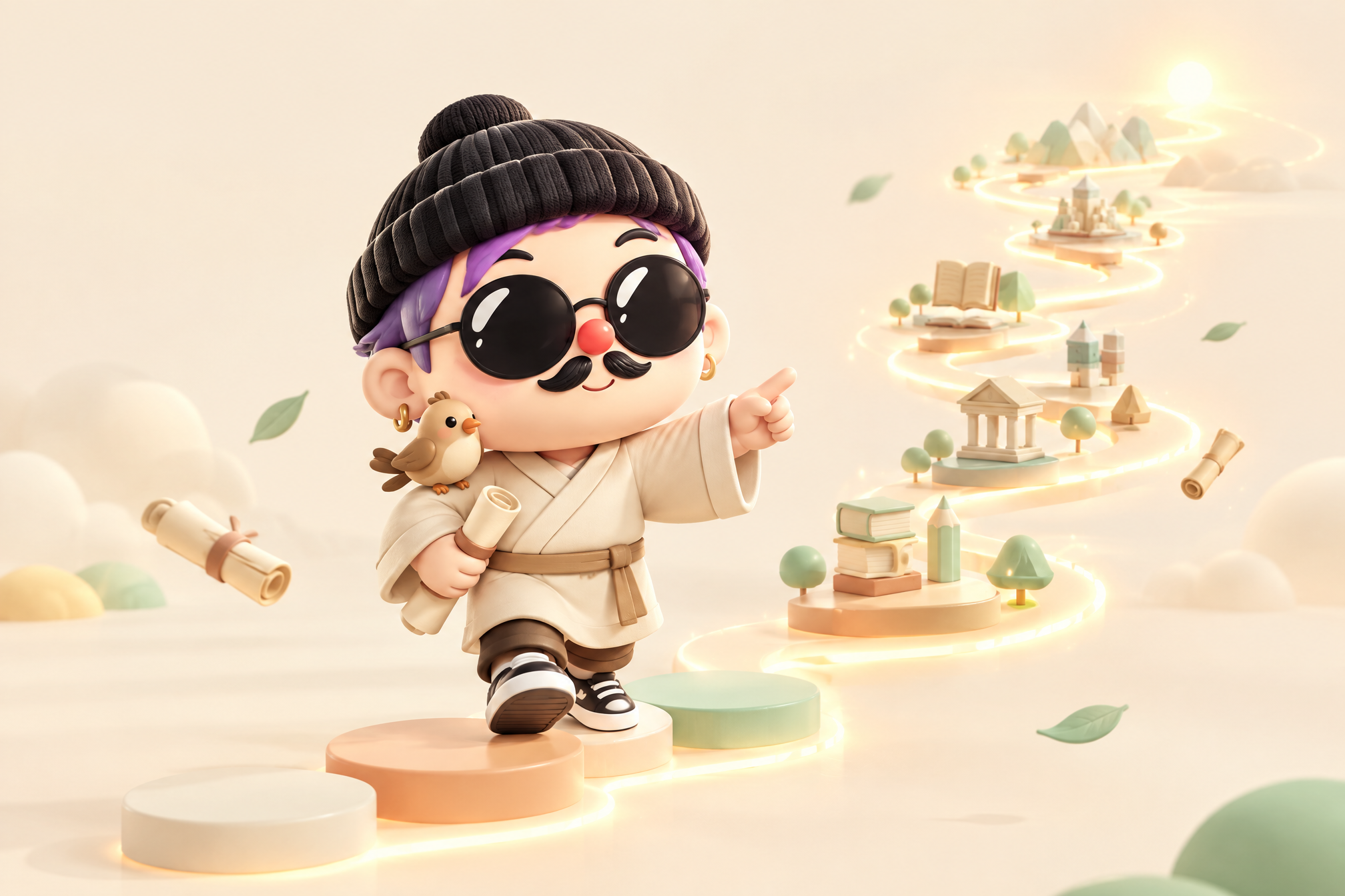 The Guanxiang character walks a lit path of study and points toward the steps ahead.