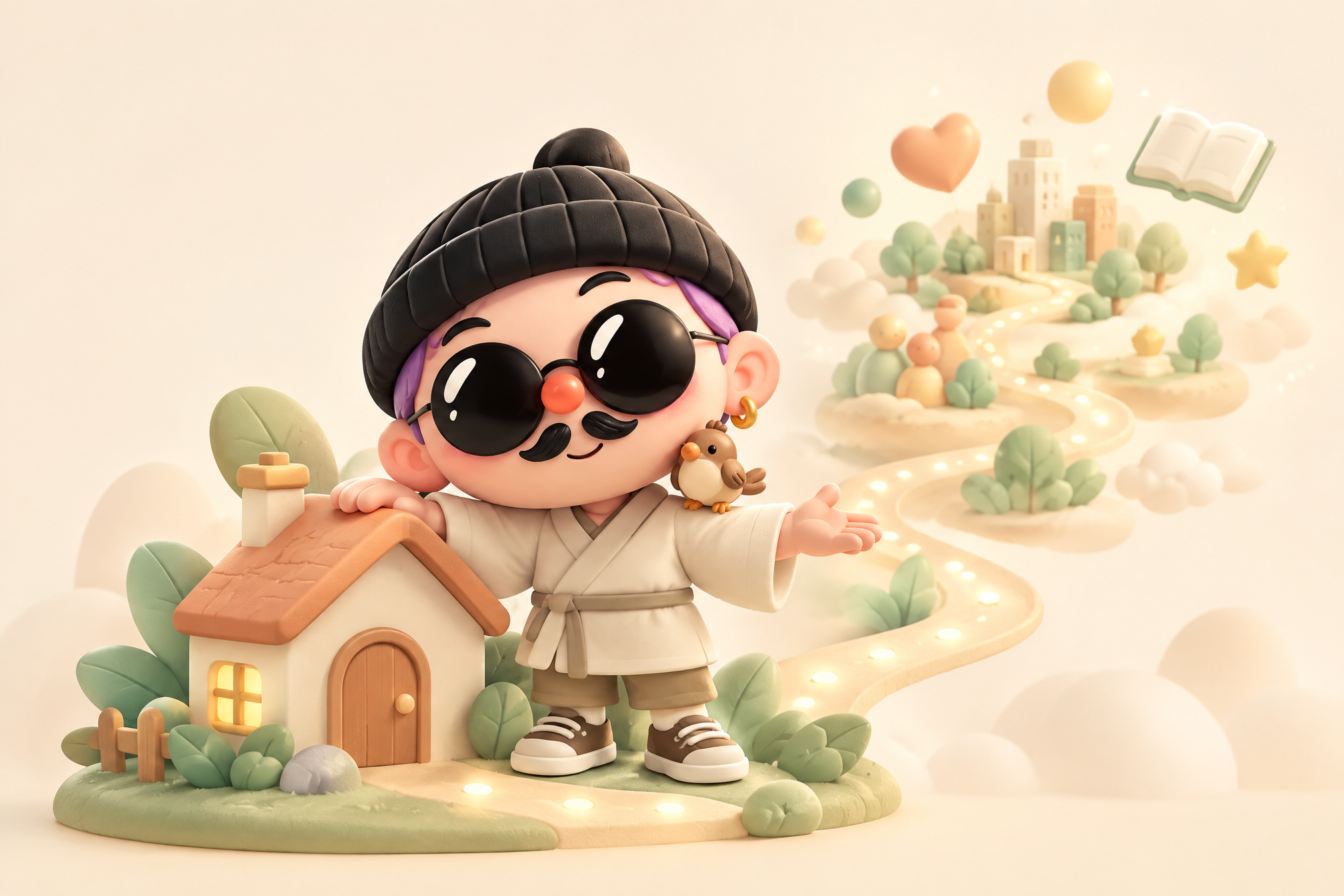 The Guanxiang character stands by a small house, with a path leading on through the life around it.