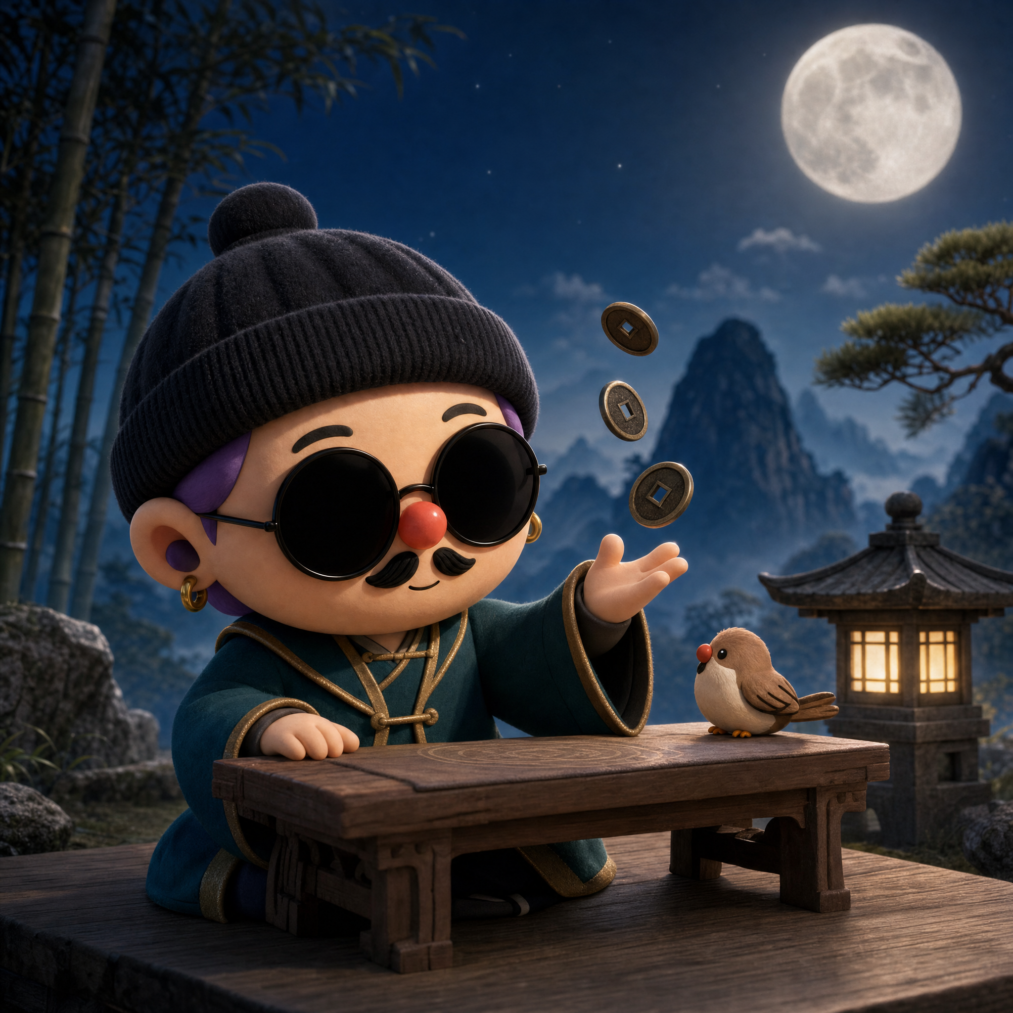The Guanxiang character casts three coins at a low table under the moon.
