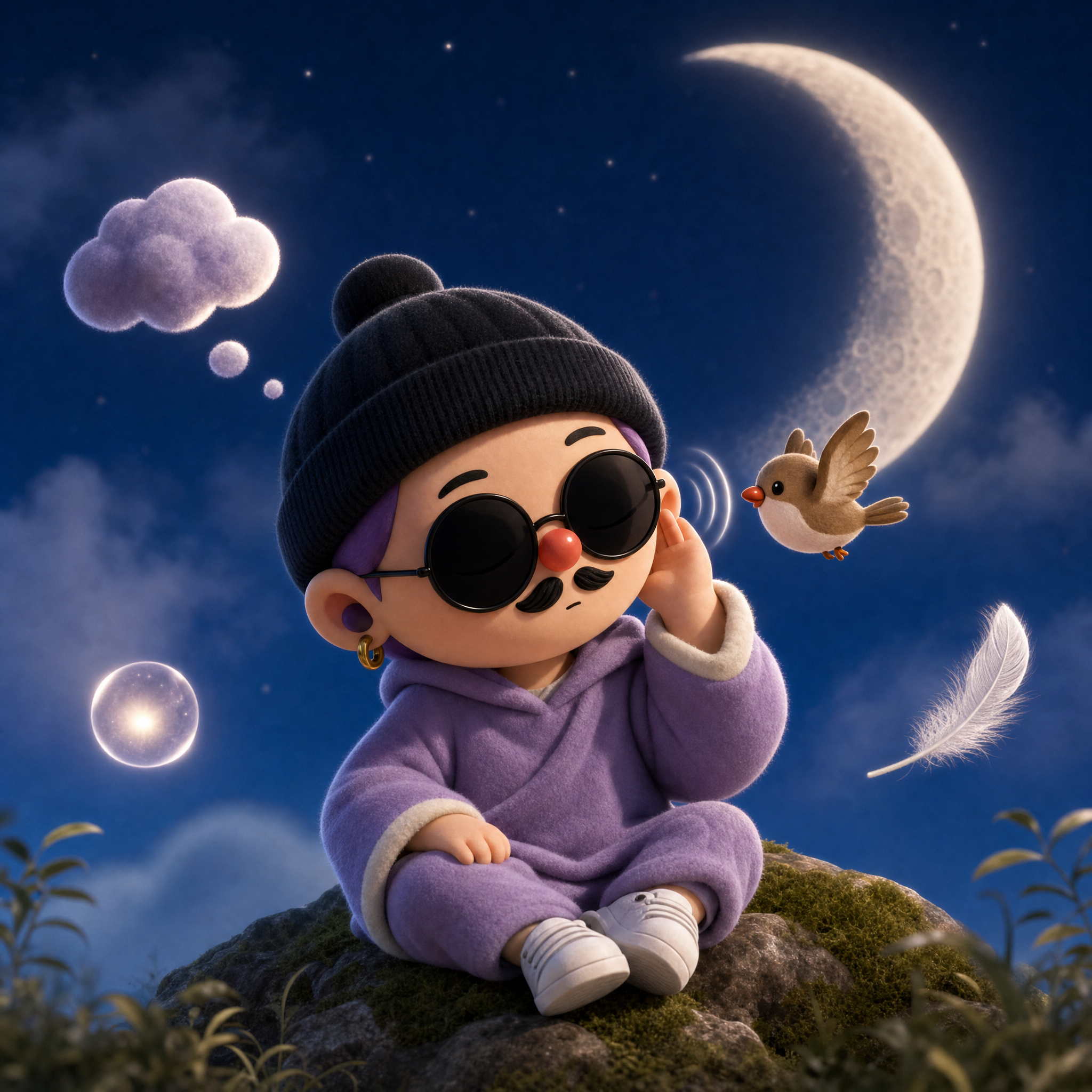 The Guanxiang character listens on a rock at night, a bird and a dream beside him.
